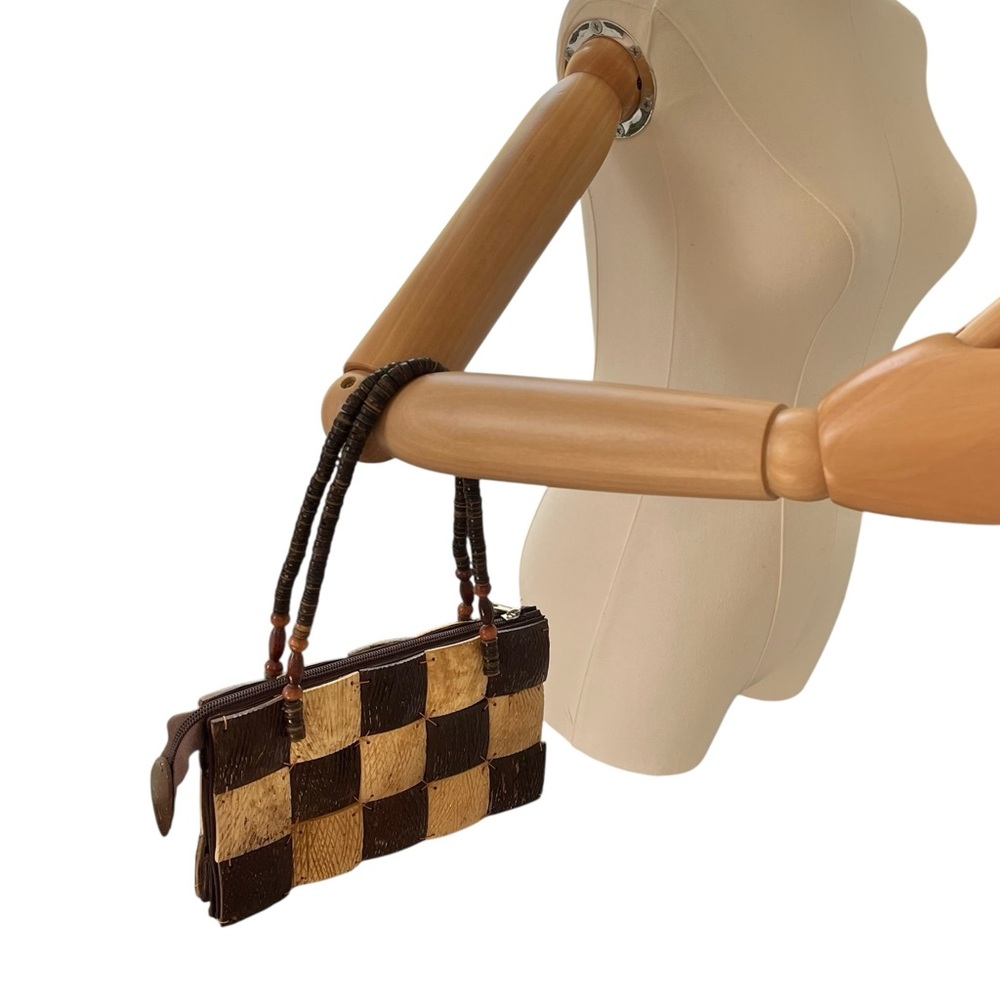 Vintage wooden checkered handbag brown natural beaded handles fully lined - Picture 4 of 11